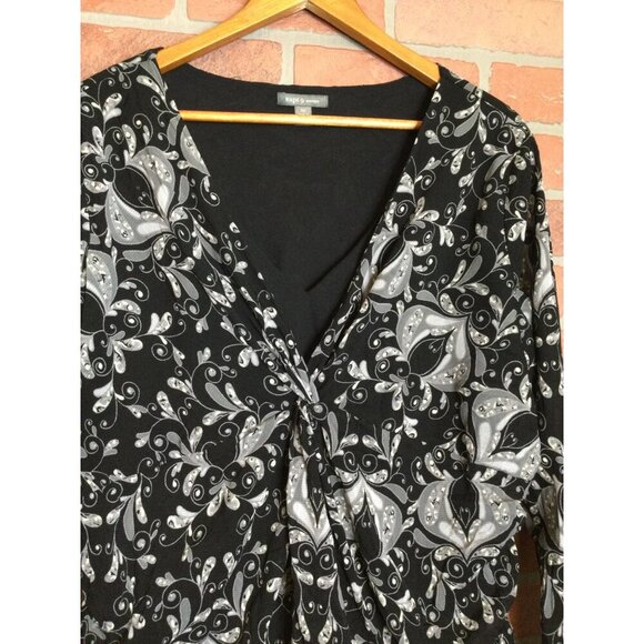 Womens 3X Black Gray Paisley Long-Sleeve Babydoll Top Blouse Twist Front - Picture 2 of 9